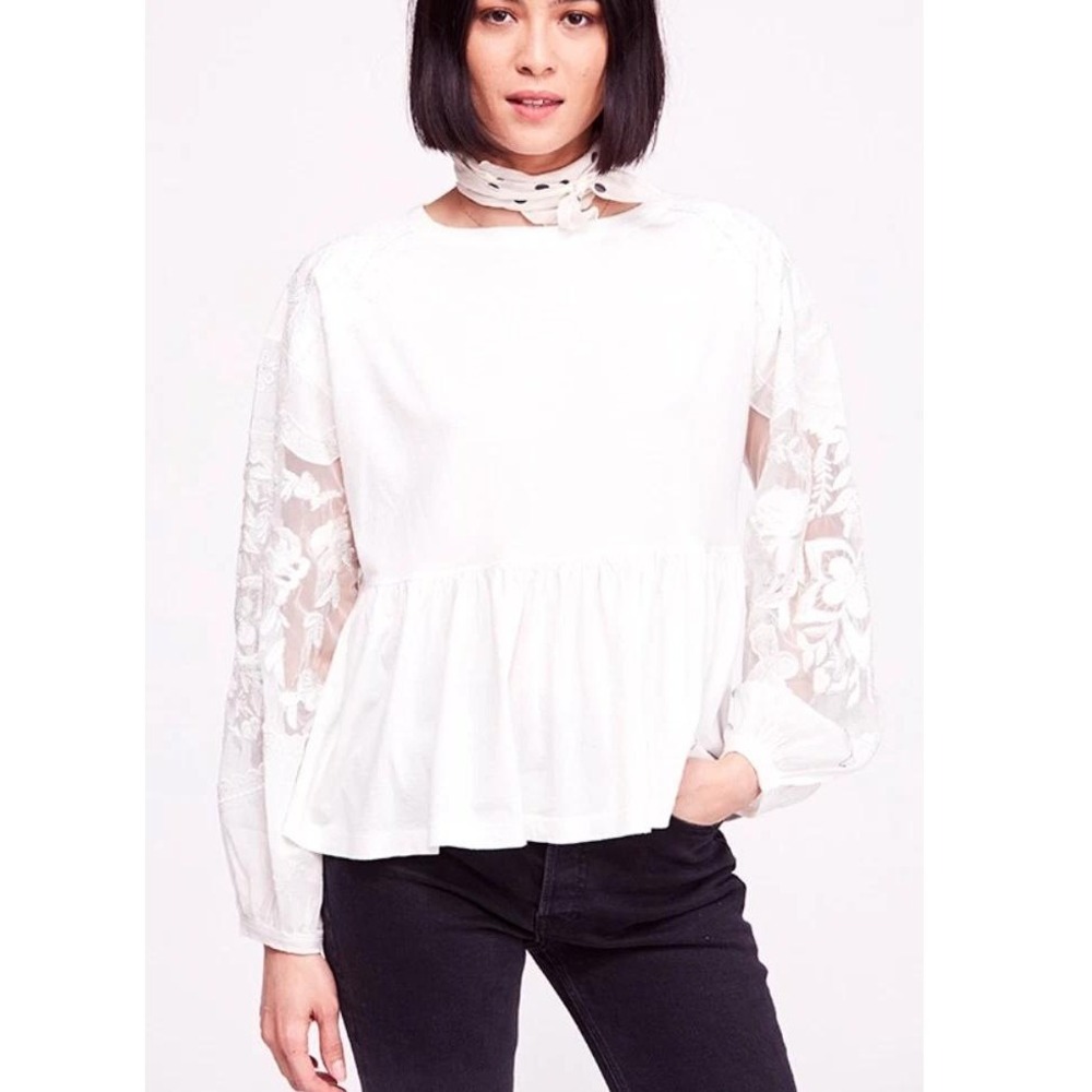 Free People Cotton Lace Embroidered Long Sleeve Penny Tee Ivory Women's Large